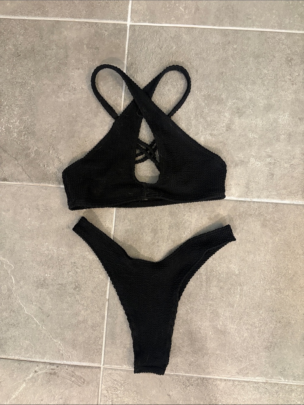 Skatie Black Textured Crisscross Bikini Set